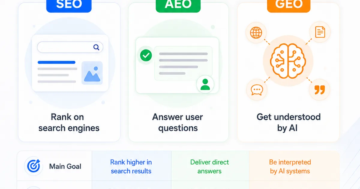 SEO vs AEO vs GEO — What's the Difference? Comparison Chart
